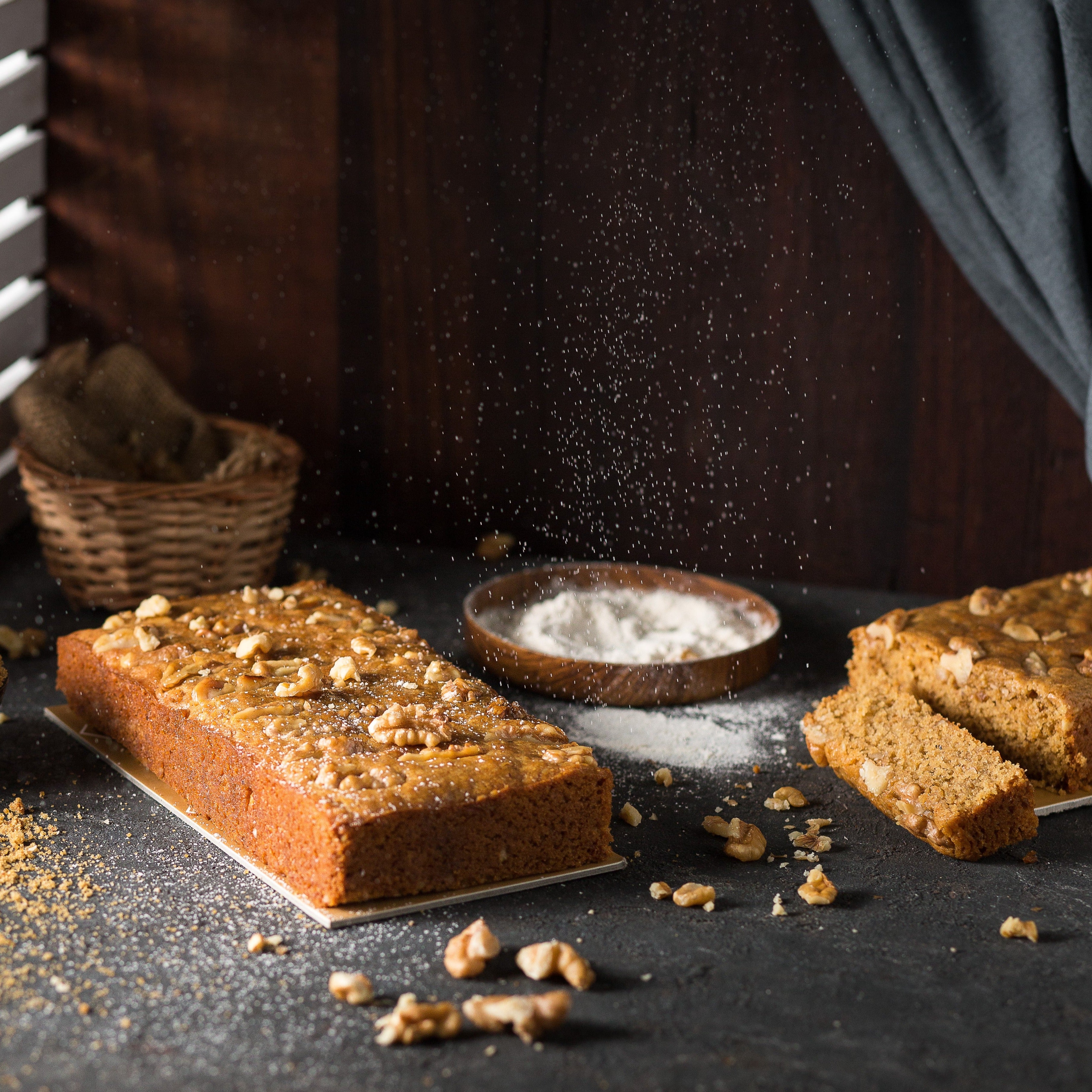 Whole Wheat Jaggery Cake With Walnuts